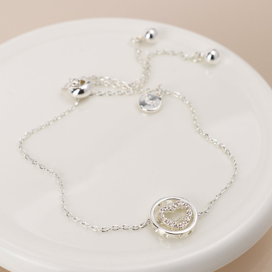 Silver Plated Crystal Heart In Circle Bracelet
