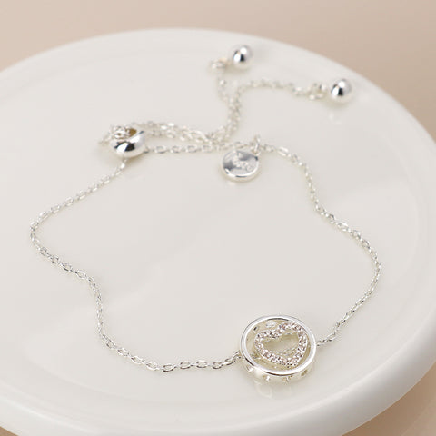 Silver Plated Crystal Heart In Circle Bracelet