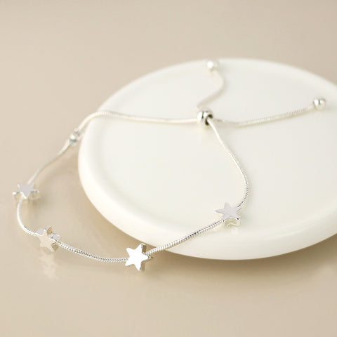 Silver Plated Snake Chain And Stars Adjustable Bracelet