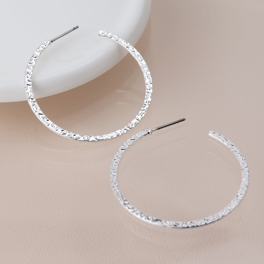 Large Silver Textured Hoop Stud Earrings