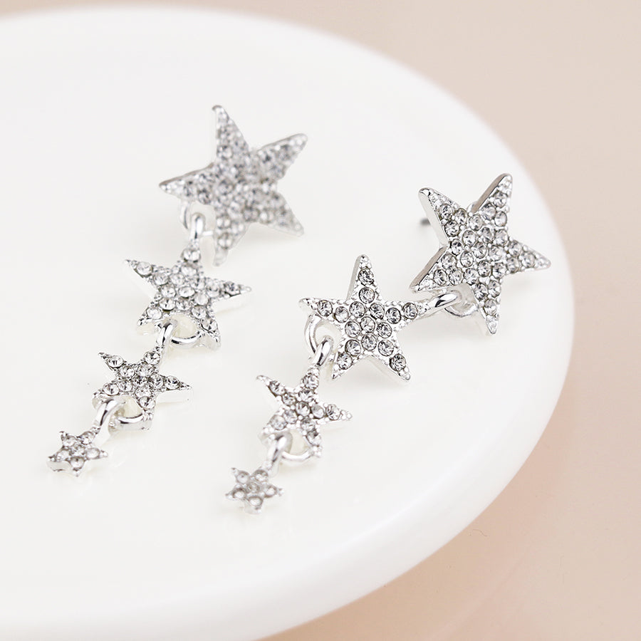 Silver Graduated Crystal Star Earrings
