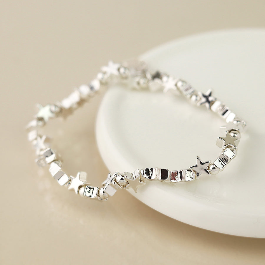 Silver Plated Polished Stars Bead Bracelet