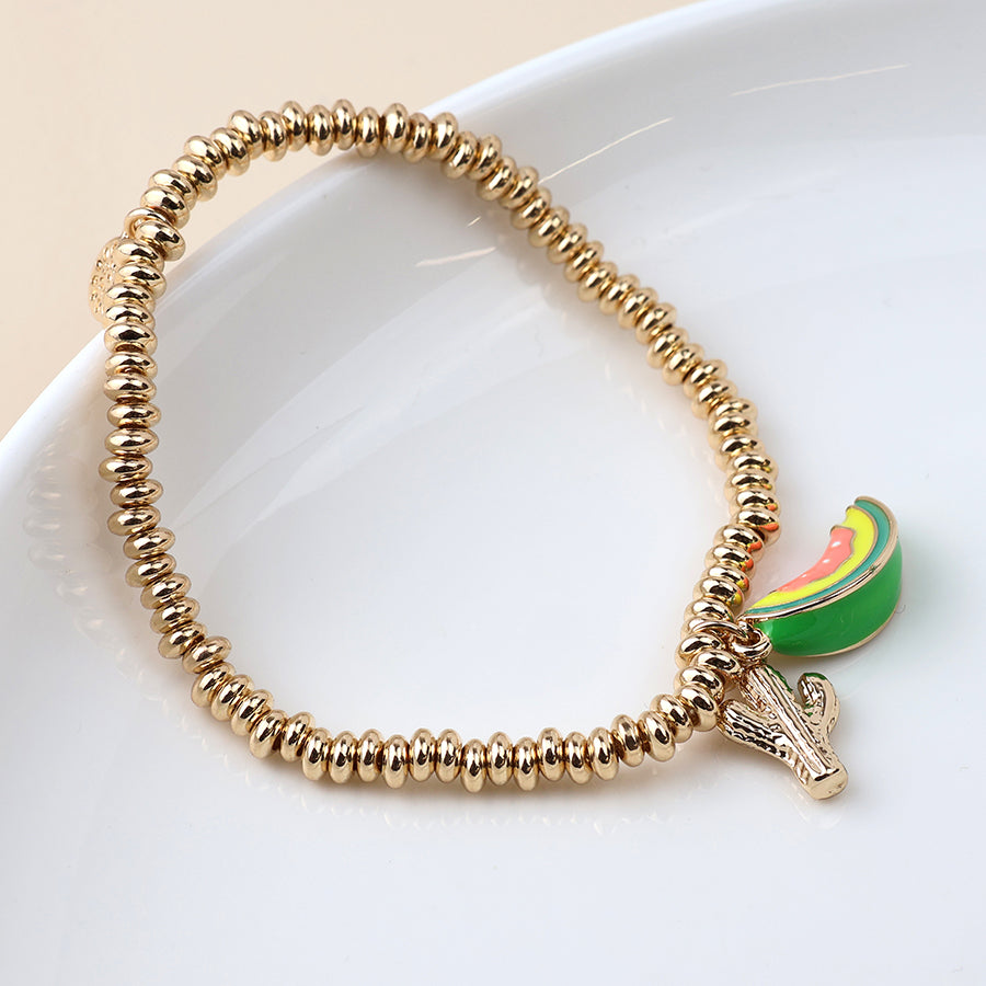 Golden Cactus and Melon Slice Charm Bracelet