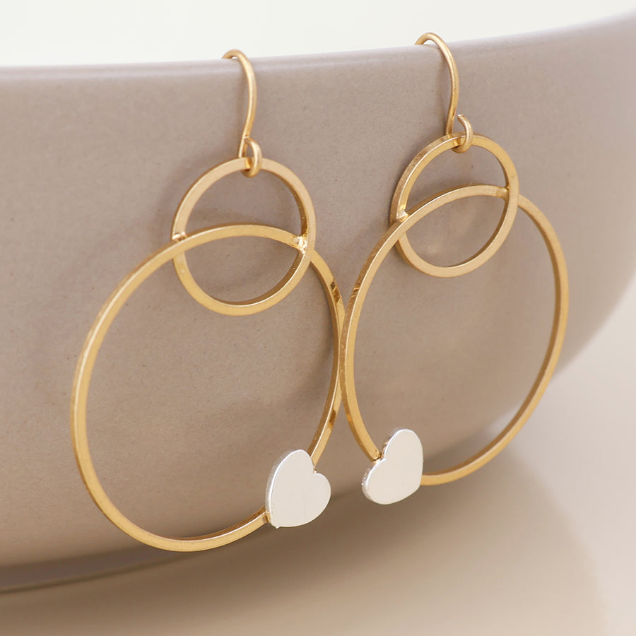 Nester Golden Worn Circles Drop and Silver Hearts Earrings