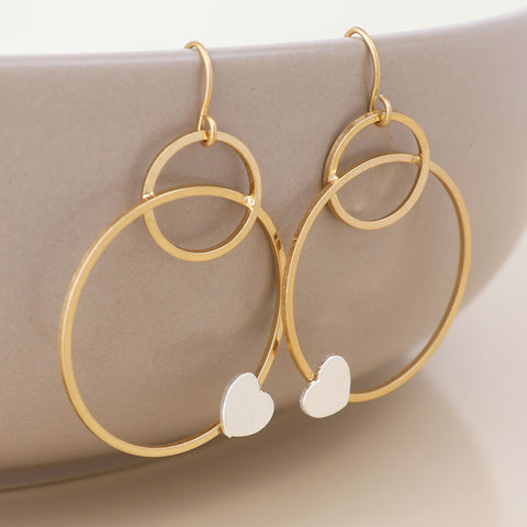 Nester Golden Worn Circles Drop and Silver Hearts Earrings