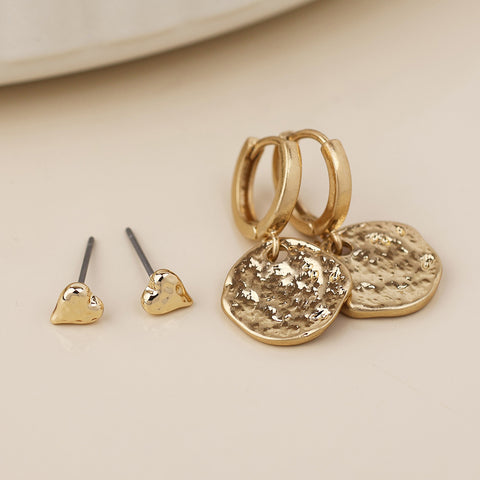Solstice Textured Disc Hoop and Heart Stud Earring - Various Colours