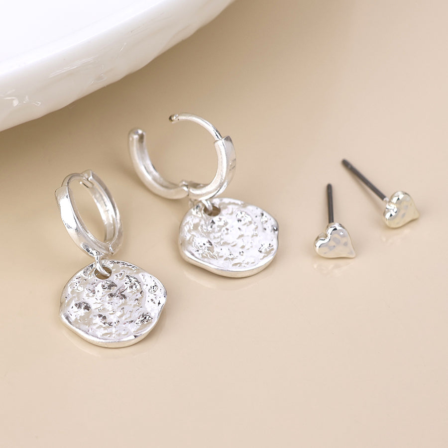 Solstice Textured Disc Hoop and Heart Stud Earring - Various Colours