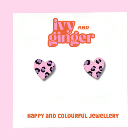 Leopard Print Heart Earrings - Various Colours