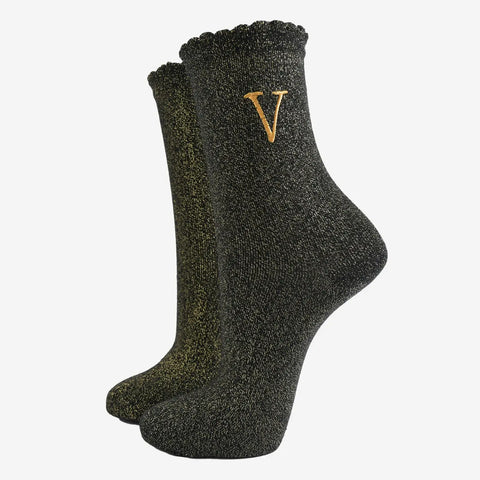 Gold Initial Glitter Socks - Various