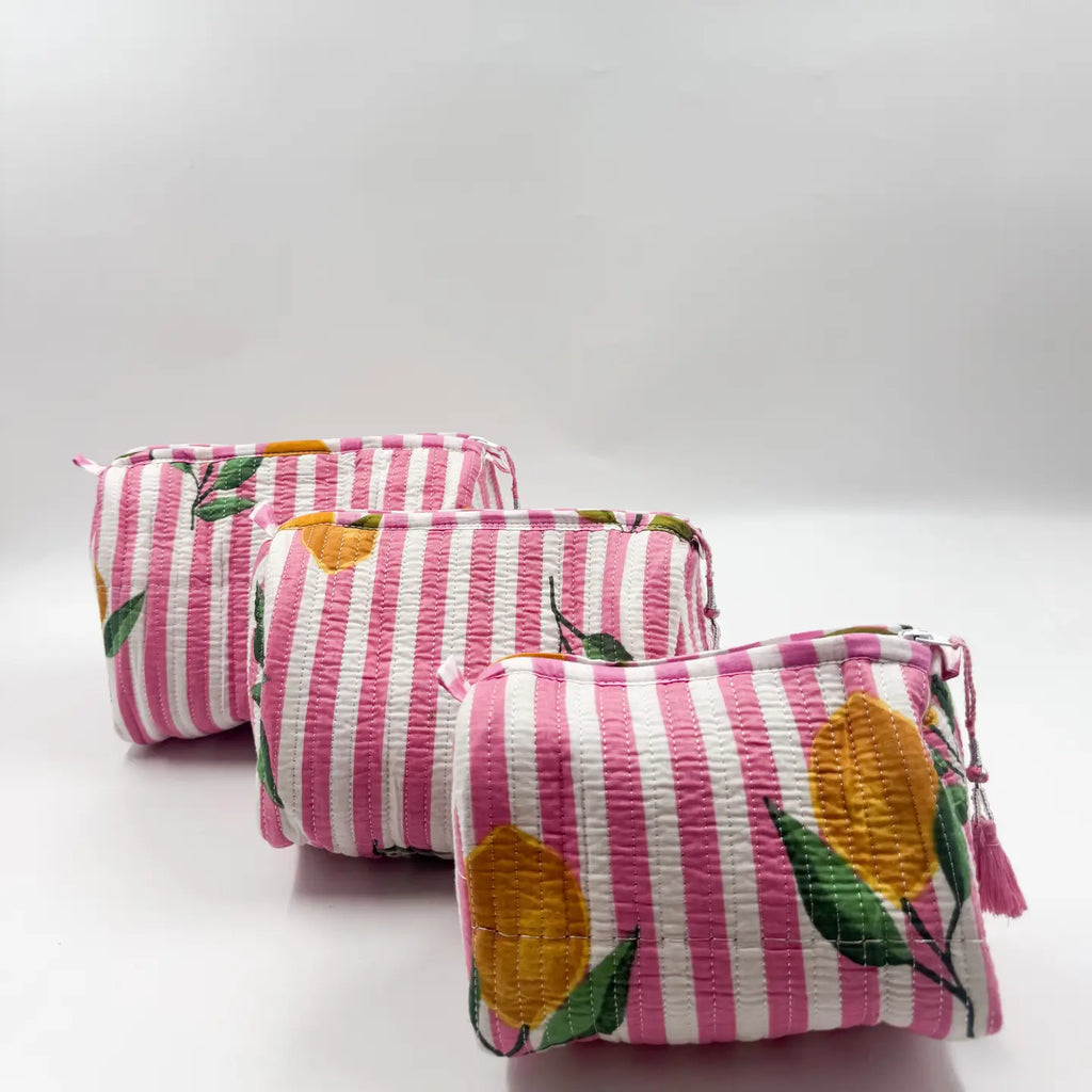Pink Stripe Lemon Quilted Wash Bag - Various Sizes