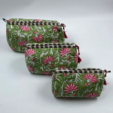 Green/Pink Floral Quilted Wash Bag - Various Sizes