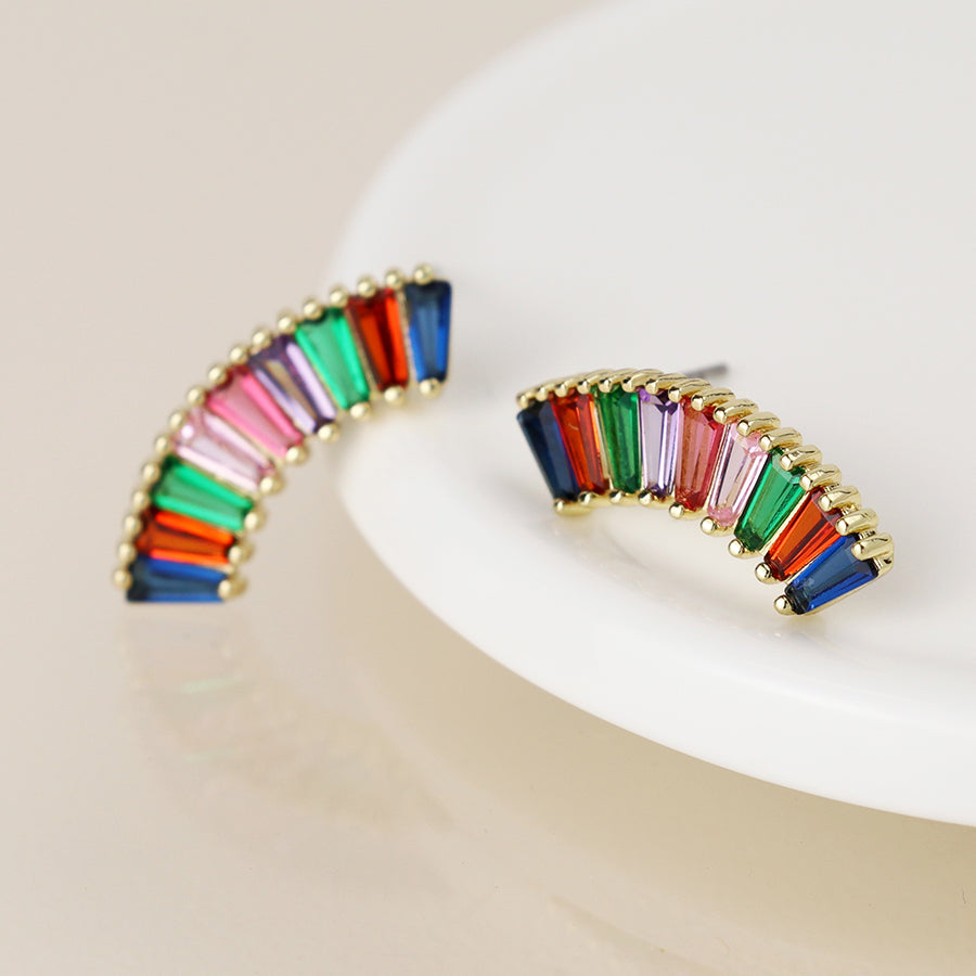 Golden Curve Earrings With Multicoloured Crystals