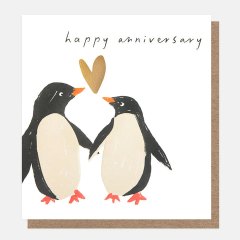 Penguins With Gold Heart Anniversary Card