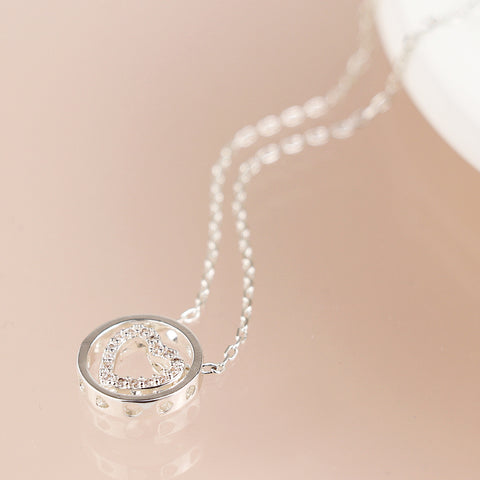 Silver Crystal Heart in Circle Necklace