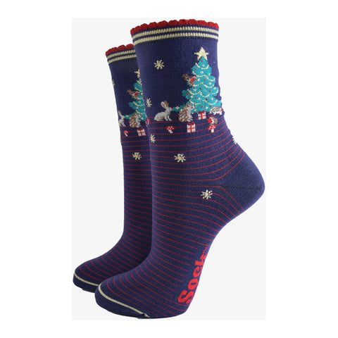 Woodland Animals Christmas Tree Socks - Navy Blue