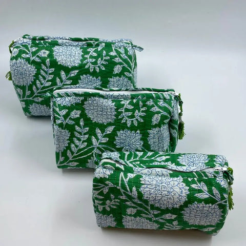 Green/White Floral Quilted Wash Bag - Various Sizes