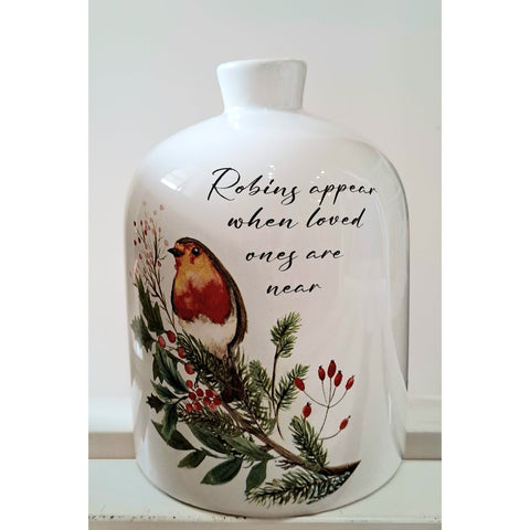 White Ceramic Vase With Robins Design And Wording
