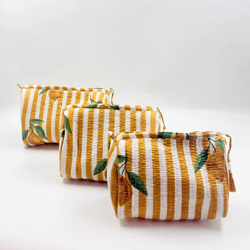 Mustard Stripe Lemon Quilted Wash Bag - Various Sizes