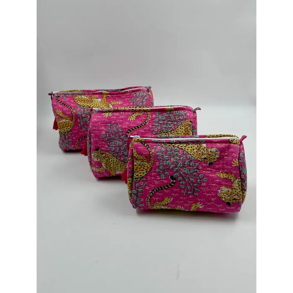 Pink Leopard Quilted Wash Bag - Various Sizes