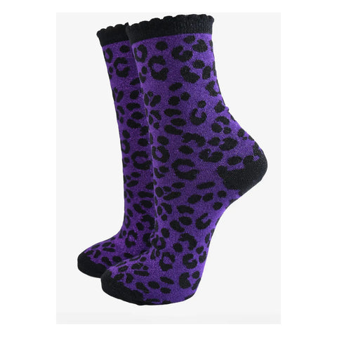 Women's Scalloped Cuff Glitter Leopard Print Socks - Various Colours