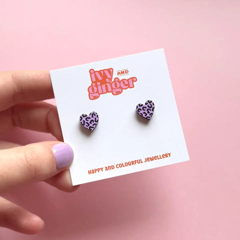 Leopard Print Heart Earrings - Various Colours