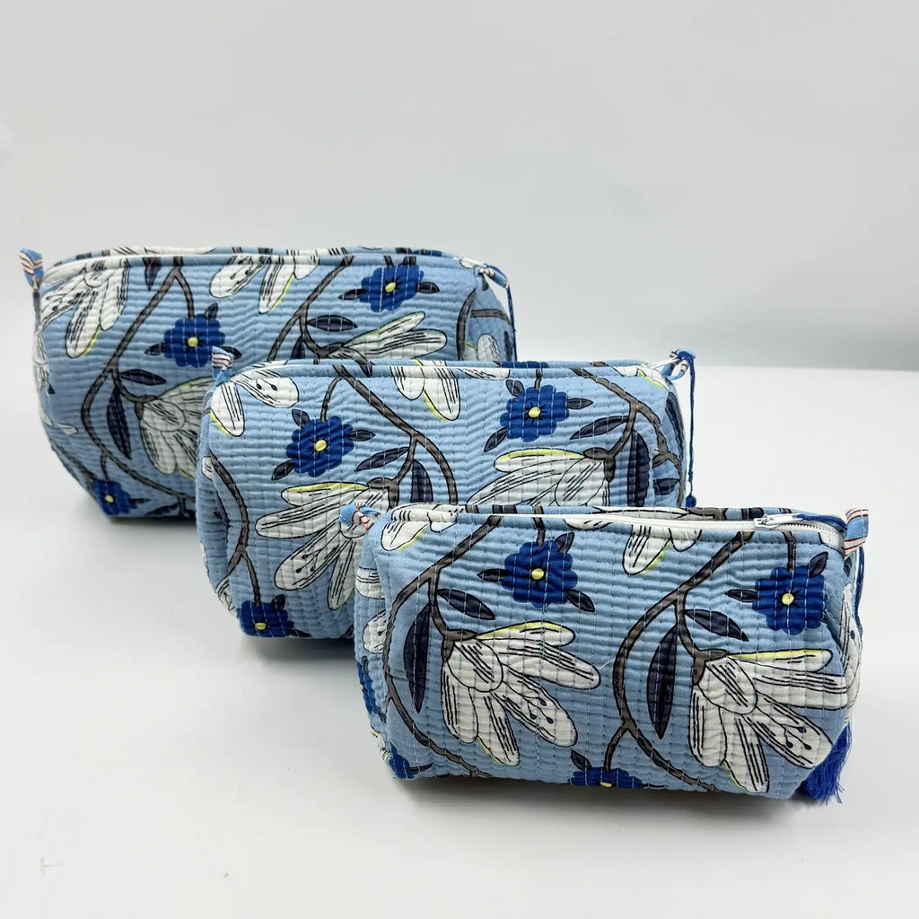 Blue Summer Floral Quilted Wash Bag - Various Sizes