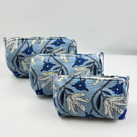 Blue Summer Floral Quilted Wash Bag - Various Sizes