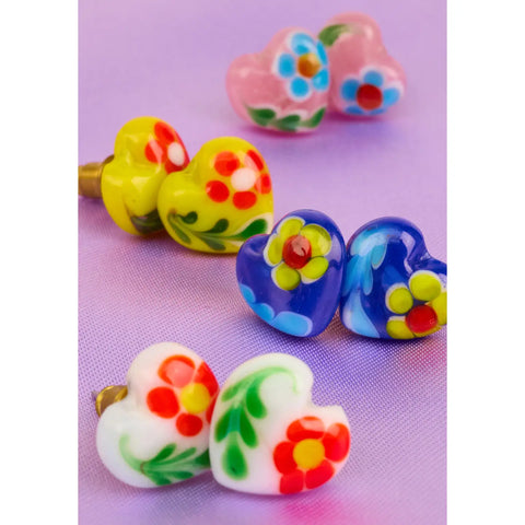 Heart Glass Bead Stud Earrings - Various Colours