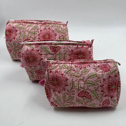 Pink Floral Quilted Wash Bag - Various Sizes