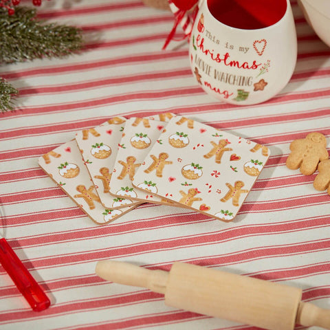 Square Gingerbread Men And Christmas Pudding Coasters x 4