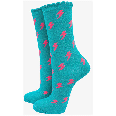 Scalloped Cuff Lightning Bolt Glitter Socks - Various Colours