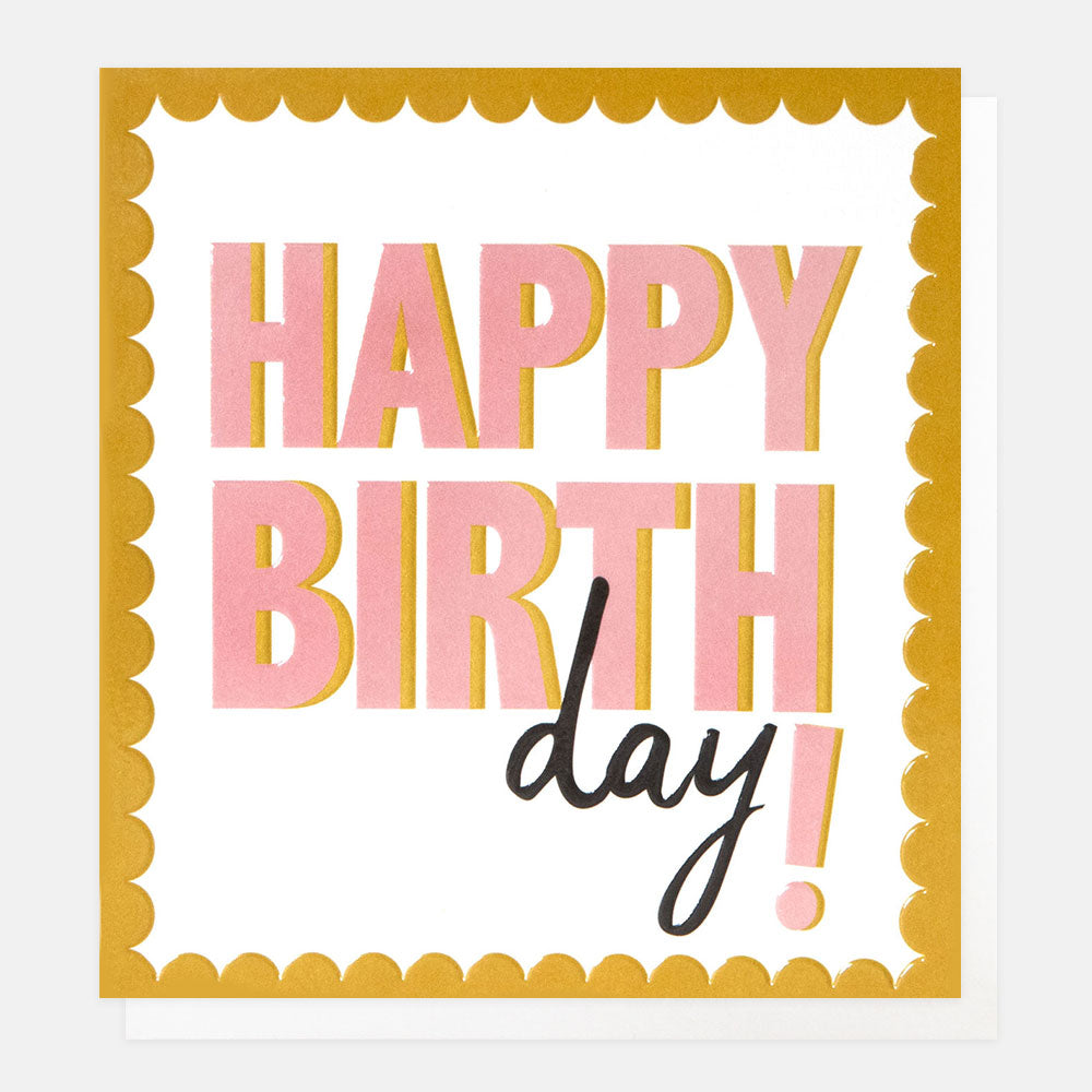 Happy Birthday! Pink Text Yellow Scallop Border
