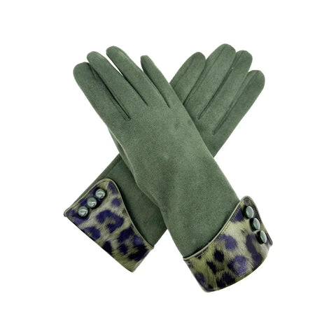 Plain Gloves with Leopard Print Cuff