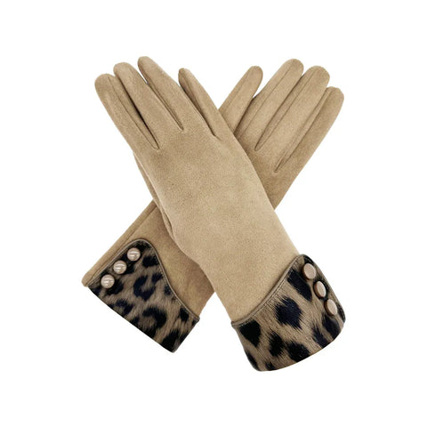 Plain Gloves with Leopard Print Cuff