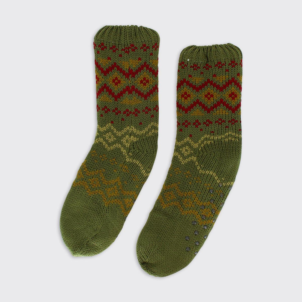 Men's Fairisle Slipper Socks - Ochre / Green