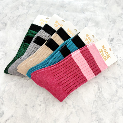 Glitter Socks With Striped Cuff - Various Colours