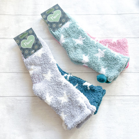 2 Pack Star Print Cosy Socks  - Various Colours