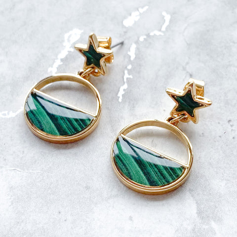 Gold Malachite Star and Circle Disc Earrings