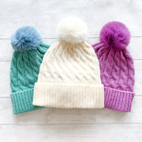Cable Knit Hat with Bobble - Various Colours