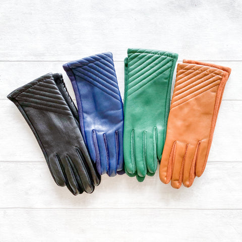 Faux Leather Gloves with Diagonal Stitching Detail - Various Colours
