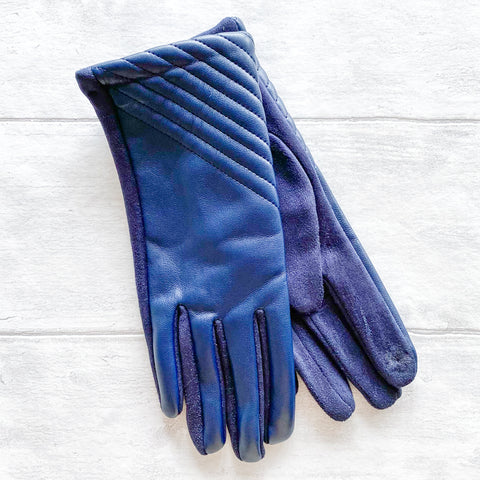 Faux Leather Gloves with Diagonal Stitching Detail - Various Colours