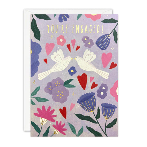 Two White Doves And Flowers Engagement Card