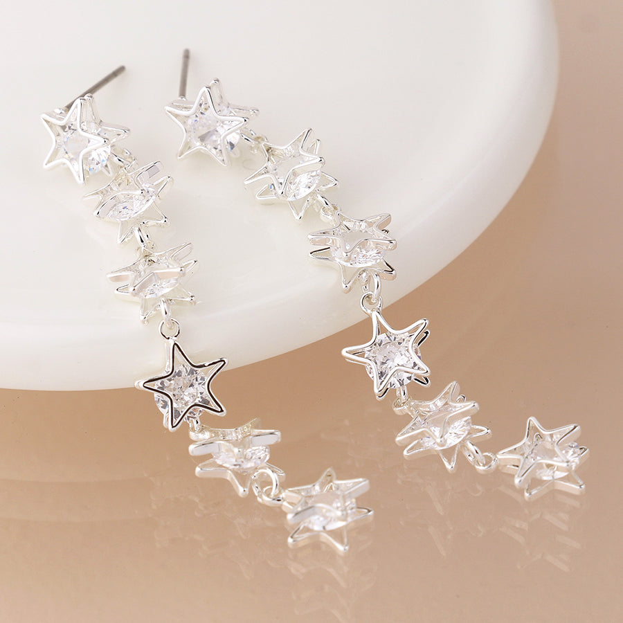 Silver Plated Crystal Centred Multi Star Drop Earrings