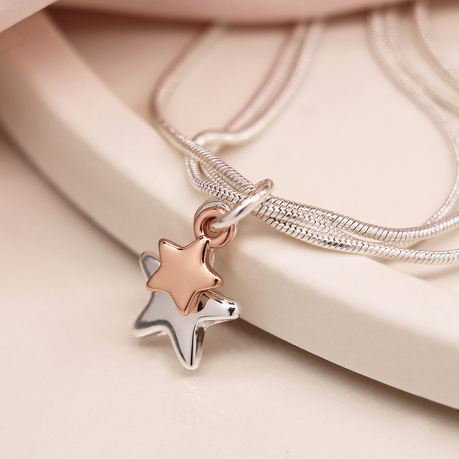 Triple Chain Bracelet With Rose Gold & Silver Stars