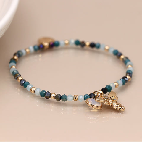 Blue Bead Bracelet With Gold Bee & Crystal