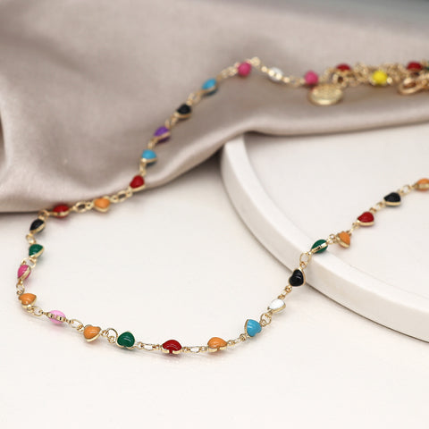 Golden and multicolour enamel hearts necklace