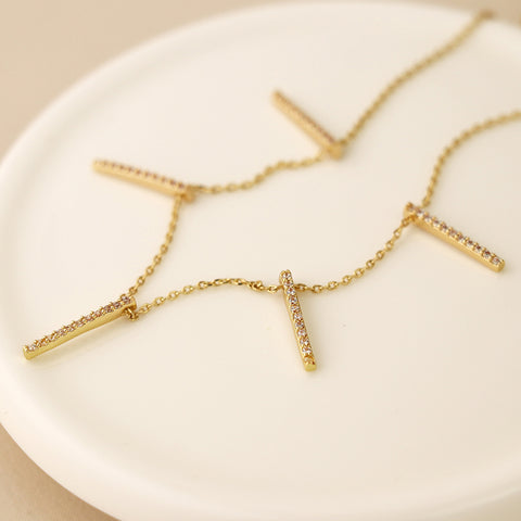 Golden Fine Chain And Crystal Bars Drop Necklace