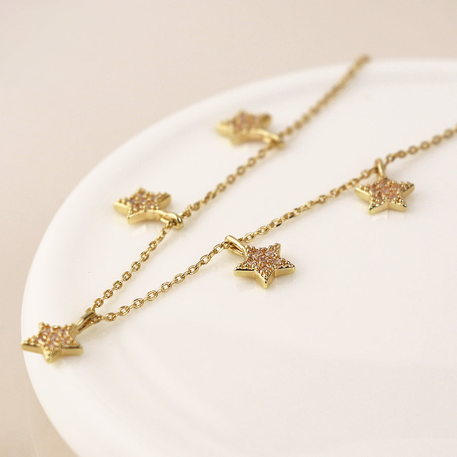Golden Fine Chain And Crystal Star Drops Necklace