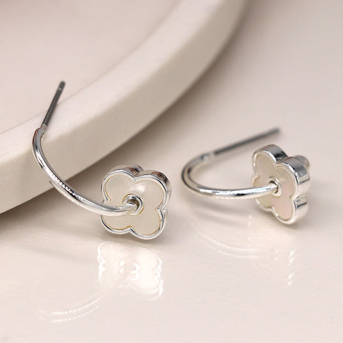 Silver Plated C-hoop Stud Earrings With Pearlescent Inset Quatrefoil