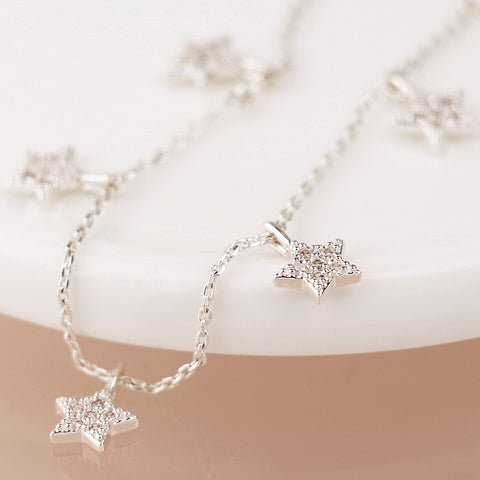 Silver Plated Chain And Crystal Star Drops Necklace
